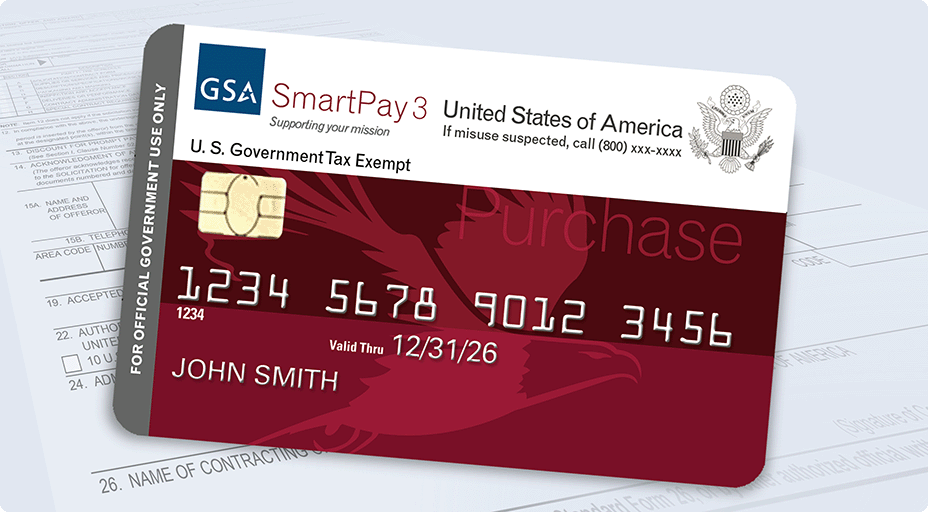 Red GSA SmartPay charge card, with application form in the background.