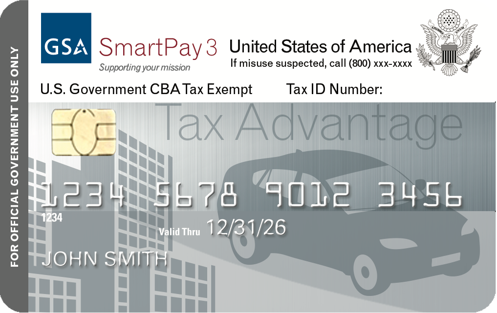 Silver charge card with the words Tax advantage and numbers 1234 5678 9012 3456 and the name John Smith, with a car and buildings in the background