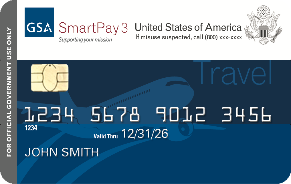 Blue charge card with the word Travel and numbers 1234 5678 9012 3456 and the name John Smith, with an airplane in the background